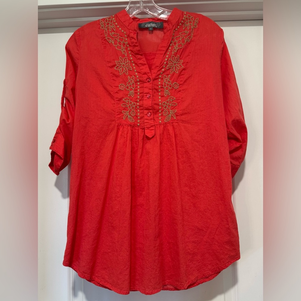 Cachet Women’s Coral Floral Embroidered V-Neck Tunic Size S